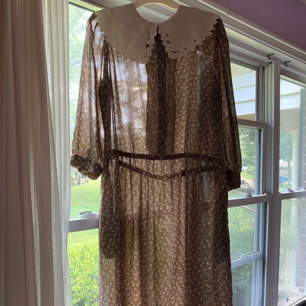 Vintage 1980s Cottagecore Brown Dress with Embroidered Collar